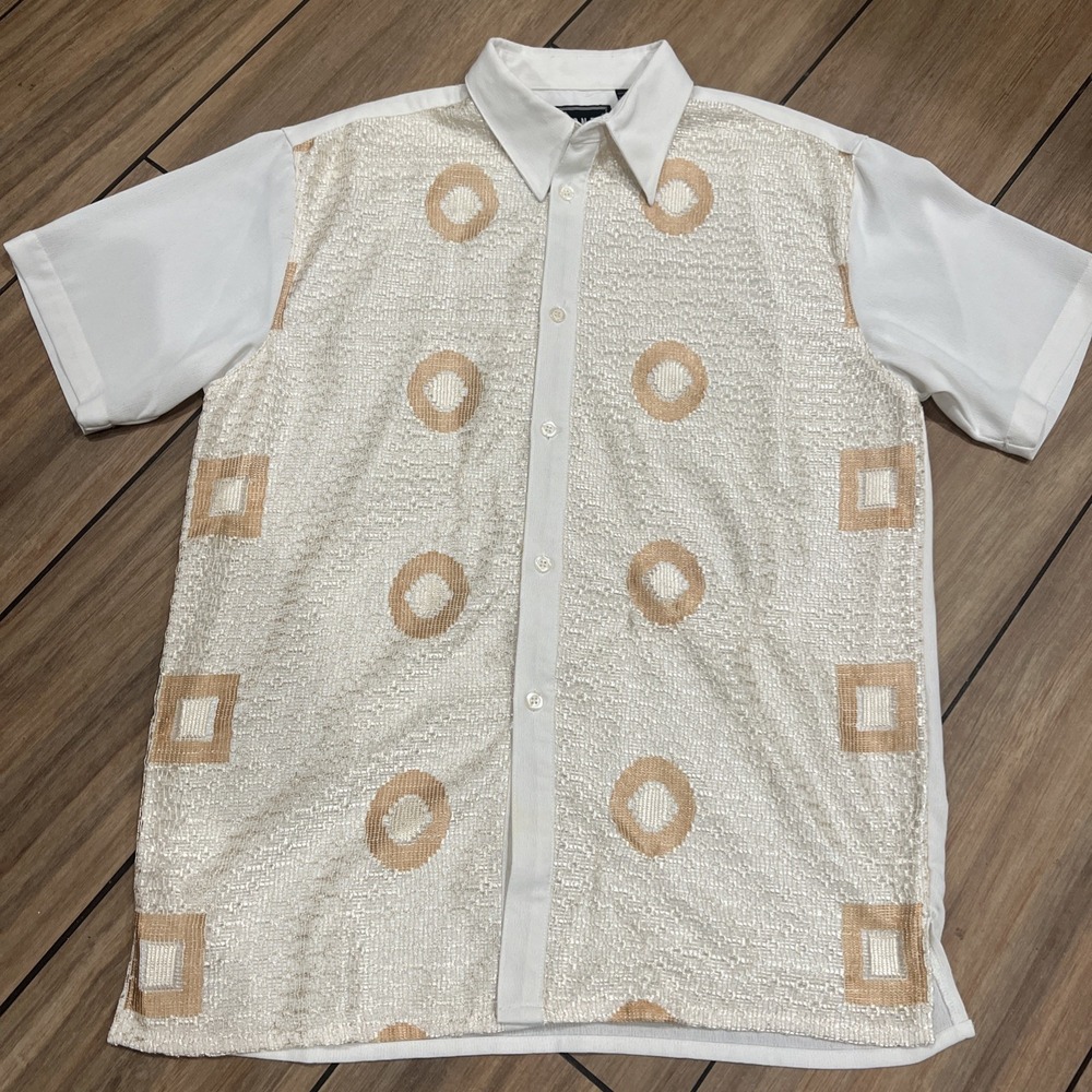Pronti Collection by Phita Men's Large Button Up Shirt Short Sleeves Beige Creme